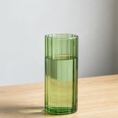 8-inch Green Ribbed Glass Vase | Cylindrical Bud Vase | Tabletop Decoration