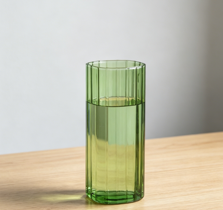 8-inch Green Ribbed Glass Vase | Cylindrical Bud Vase | Tabletop Decoration